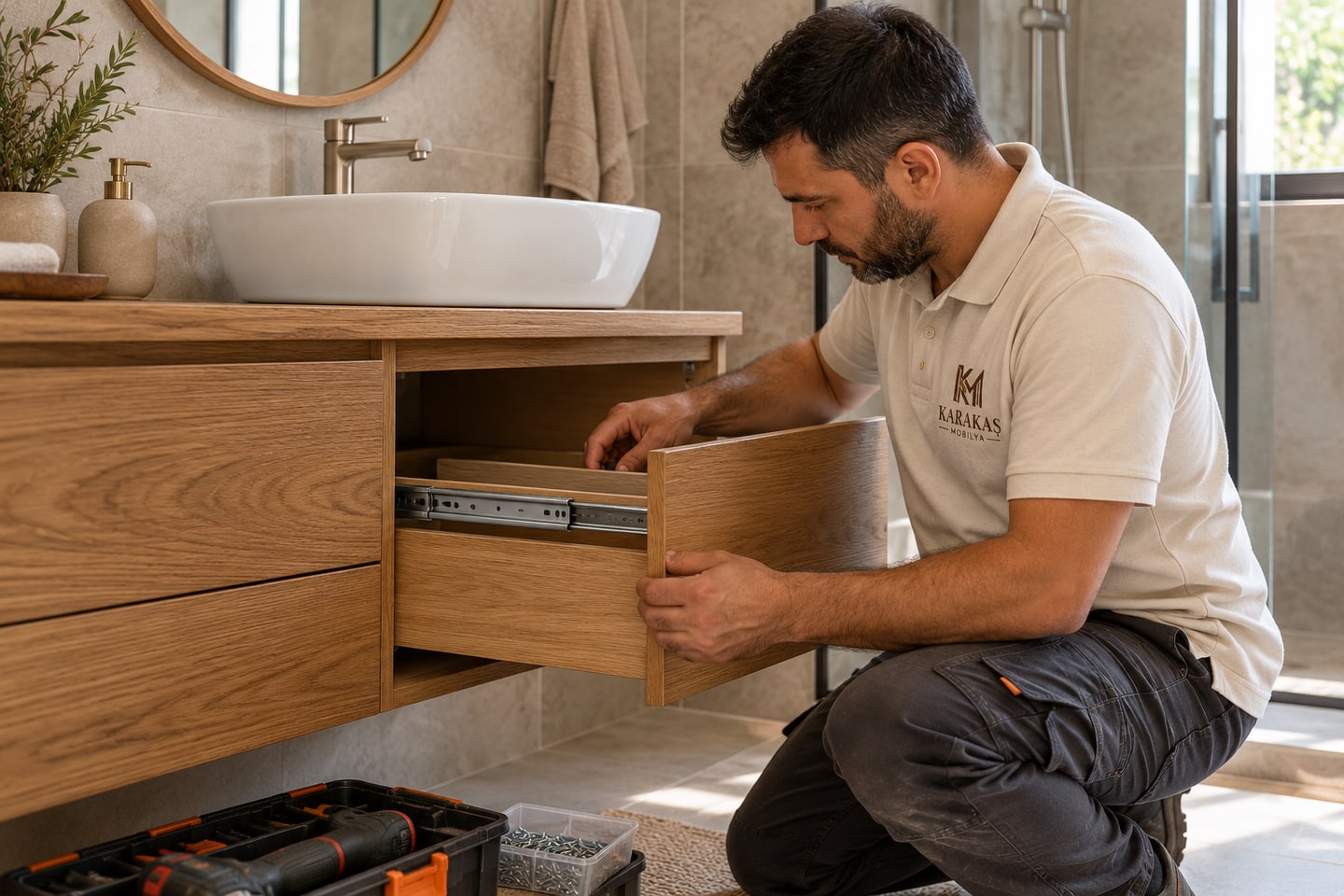 Sakarya Karasu banyo dolabı montajı, suya dayanıklı masif meşe çekmece ve lavabo altı ünitesi